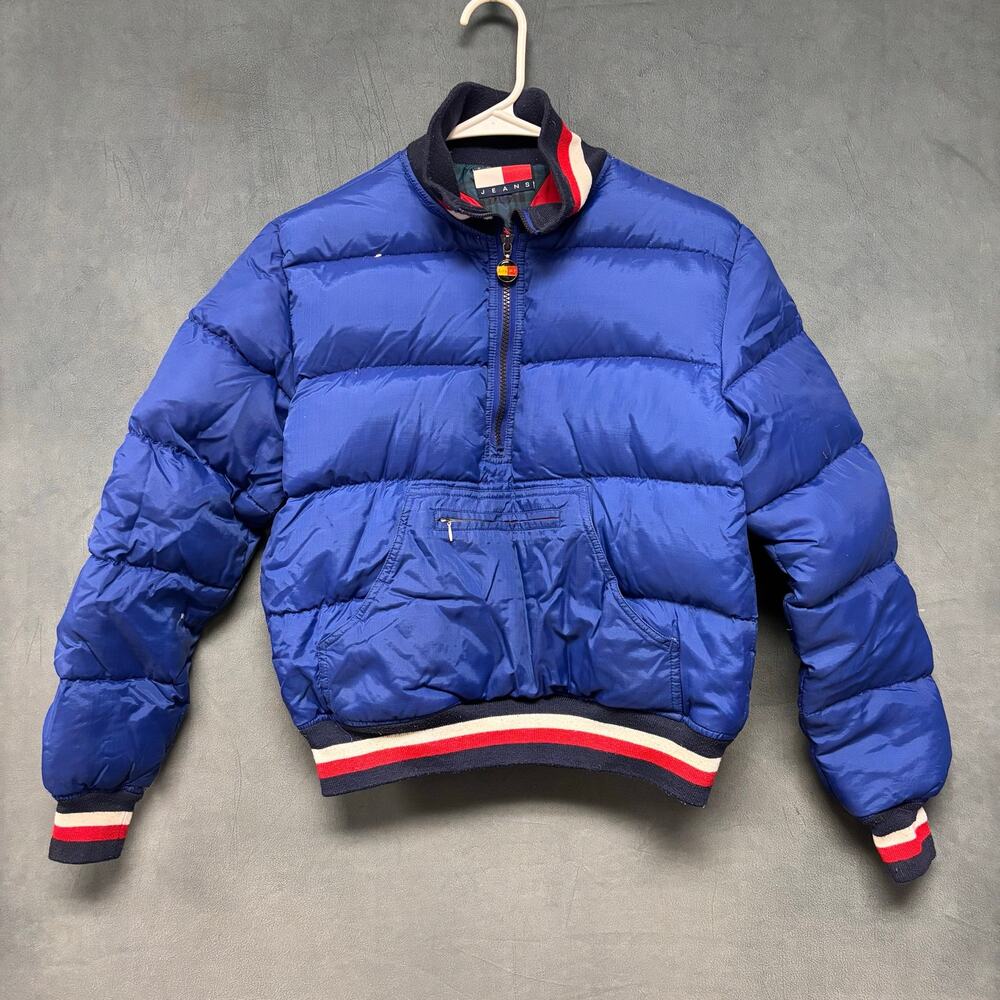 Vintage Tommy Hilfiger Jeans Down Puffer Jacket Blue Flag Logo 90s Youth Medium